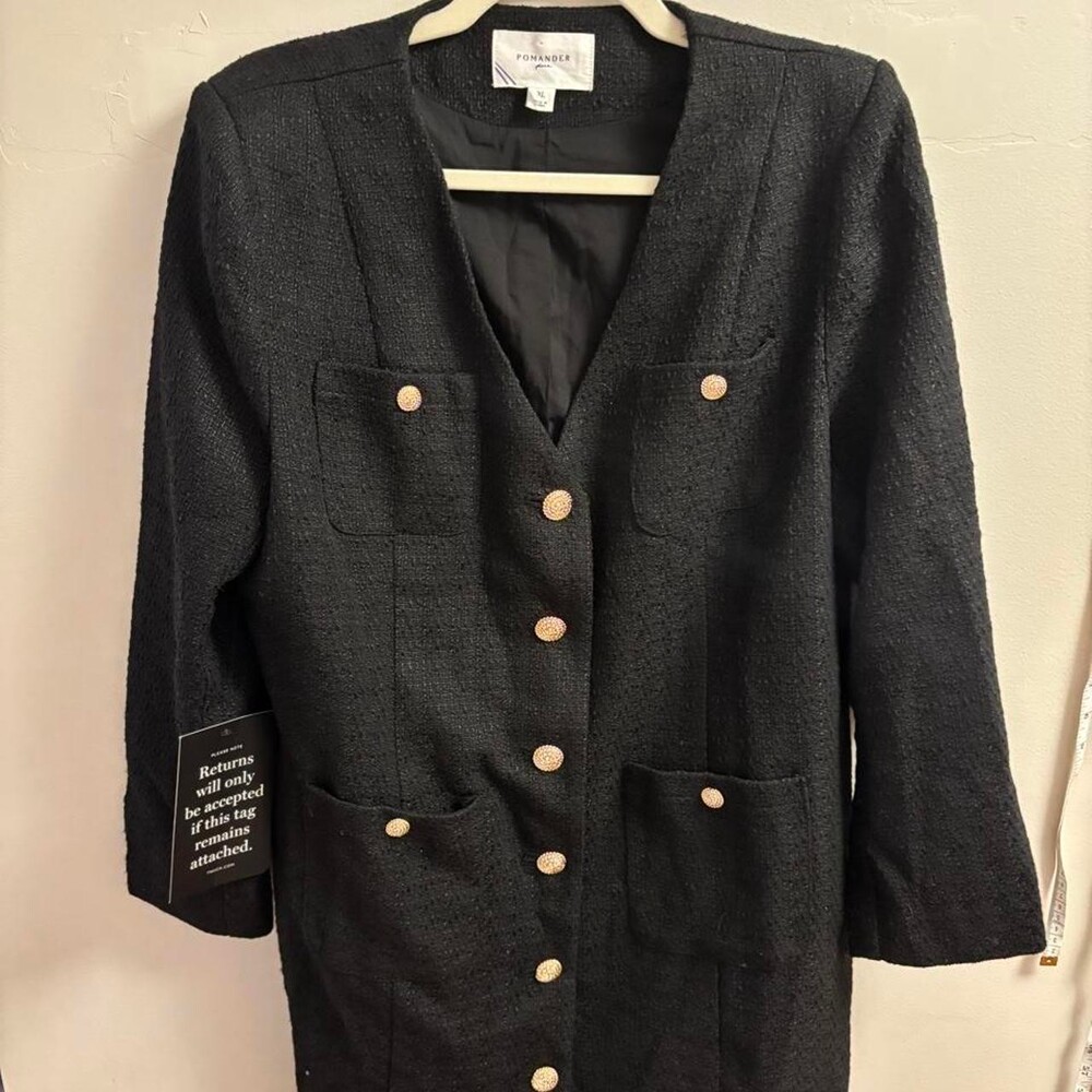 Brand new with tags black tweed blazer dress with gold buttons and pockets from